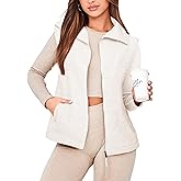 Glamaker Womens Fleece Vest Top Sleeveless Fuzzy Zip Up V Neck Sherpa Jacket Casual Outwear with Pocket