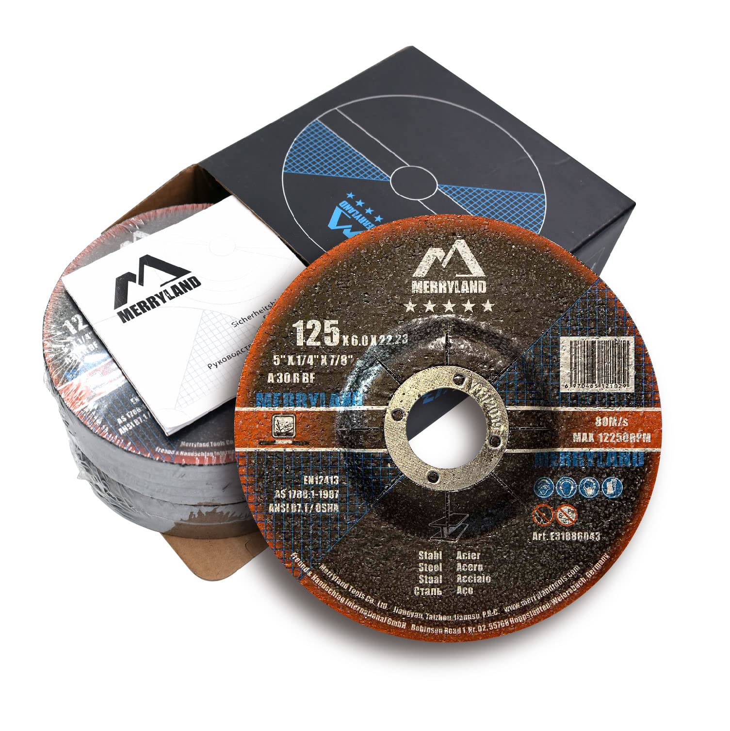 Merryland Grinding Disc 125 Metal for Angle Grinder, 125 X 6.0 X 22.23 mm Grinding Wheel 10 Pieces, Steel Iron 5 inch Type 27, Expert-Line E31086043