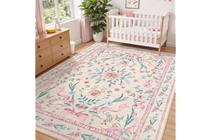 5x7 Pink Floral Rugs for Girls Room - Boho Bow Nursery Rug for Dorm, Non-Slip Low Pile Ultra Soft Throw Machine Washable Carp