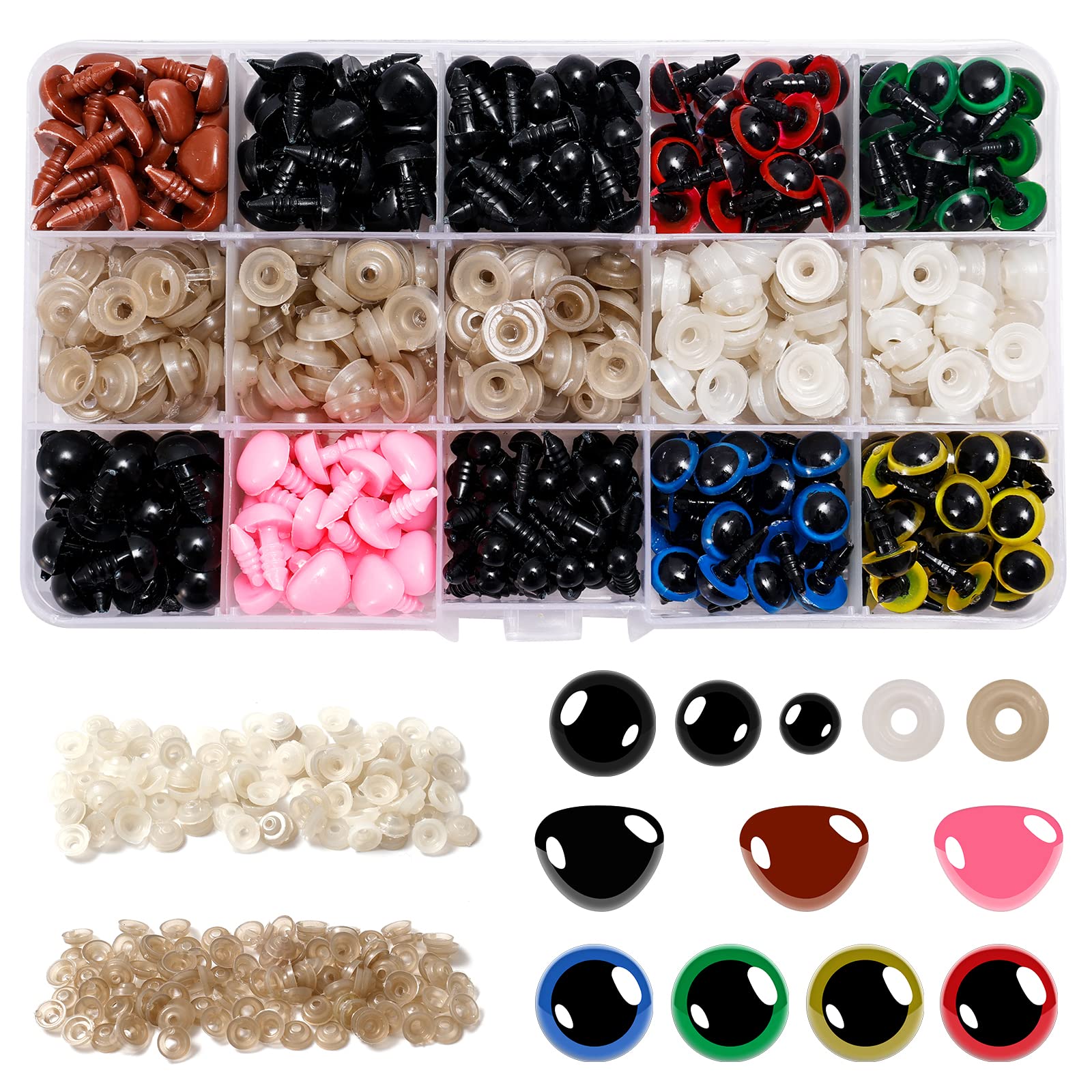 LUERFUN 560pcs Plastic Safety Eyes and Noses, Safety Eyes for Toys Colourful Craft Doll Eyes Including 205 pcs Safety Eyes, 75 pcs Safety Noses with 280 pcs washers for Making Crochet Toy DIY Craft