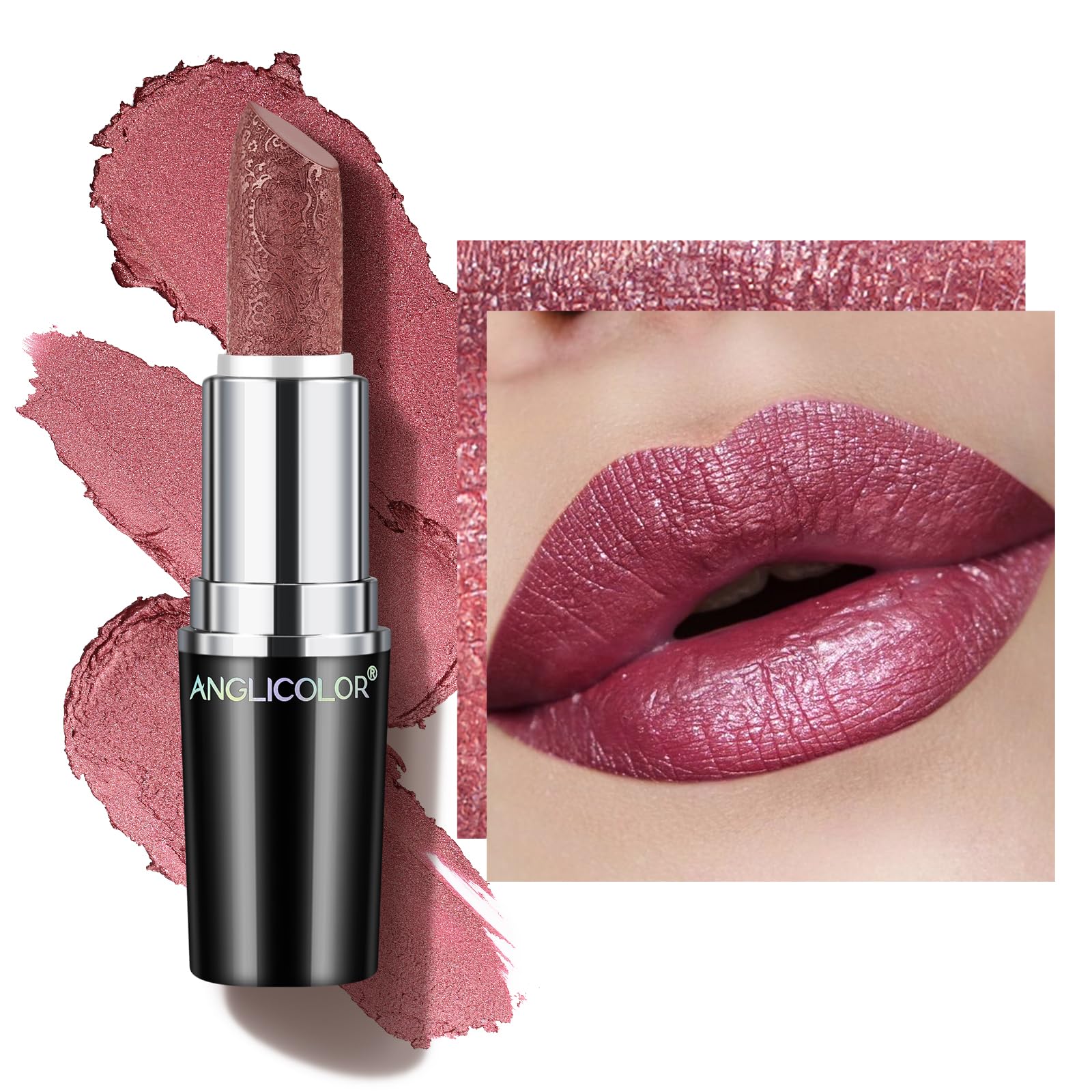 Anglicolor Glitter Metallic Plum Lipstick,High Impact Lipcolor,Lightweight Hydrating Formula Smooth and Non-Sticky,Rose Lipstick For Women,Full-Coverage Lip Makeup (03 LOVE PARTICLE, 4g)