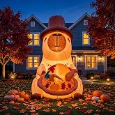 Soulchen 5FT Thanksgiving Inflatable Capybara Outdoor Decorations with Pilgrim Hat Maple Holding Turkey Built-in LED Lighted Blow up for Yard Garden Lawn Autumn Holiday Party Decor