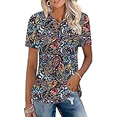 Rapbin Womens Short Sleeve Polo Shirts Business Casual Collared V Neck Tops Summer Cotton 4 Buttons Polos Tshirts