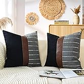 cygnus Decorative Pillow Covers 18x18,Black Linen and Striped Throw Pillow Covers with Dark Brown Faux Leather Accent,Boho Farmhouse Decor Square Cushion for Couch Sofa Livingroom,Gray
