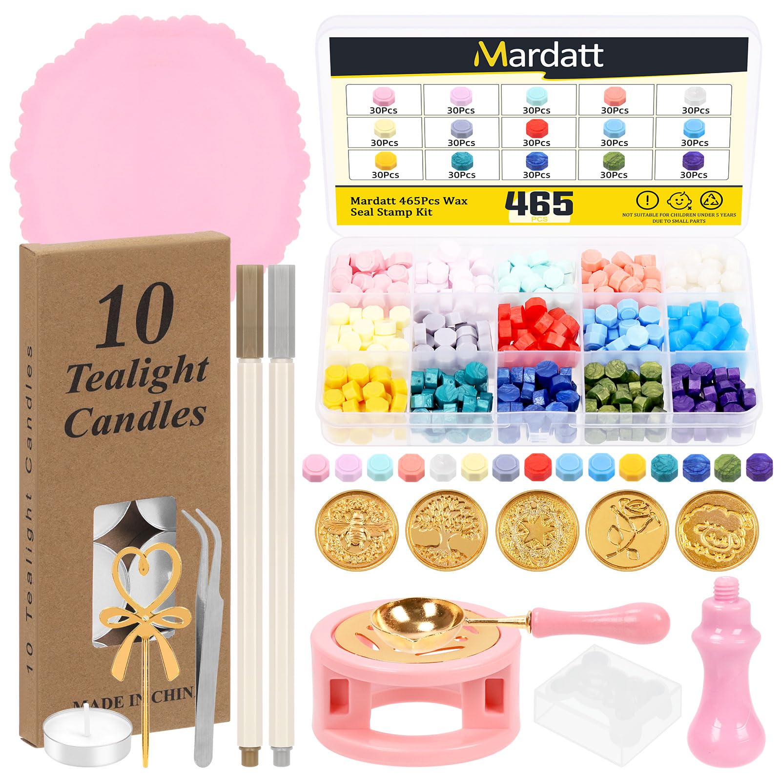 Mardatt 474Pcs Sealing Wax Kit, Assorted Color Wax Seal Beads with Seal Stamp, Warmer for Letter Sealing, Invitation Cards
