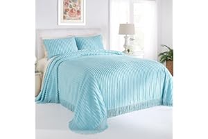 BrylaneHome Oversized Extra Wide Cotton Chenille Bedspread with Fringed Hems - King, Aqua