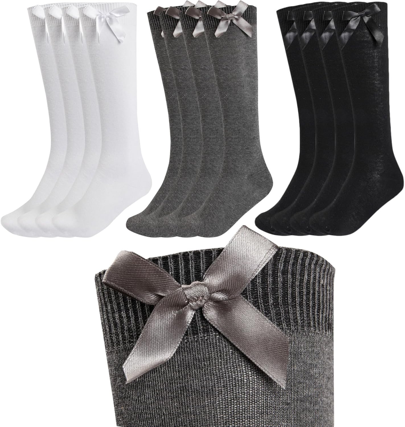 3 Pairs Girls Bow Knee High Socks, White Grey Black Navy Knee High
