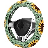 Crochet Steering Wheel Cover Set,Cute Steering Wheel Cover Boho 14-15'',Sunflower Granny Square Pattern,Gift for Women Car Decoration Accessories HZYZW (A Wheel Cover)