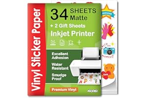 AGODEO Premium Printable Vinyl Sticker Paper for Inkjet Printer - 34 Sheets Self-Adhesive Sheets Matte White Waterproof, Dries Quickly Vivid Colors, Holds Ink Well - Tear Resistant