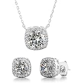 Devin Rose Stud Halo Cushion Shaped Earrings for Women and 18 Inch Necklace for Women Jewelry Set made with Faceted Crystals