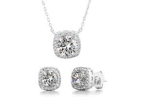 Devin Rose Stud Halo Cushion Shaped Earrings for Women and 18 Inch Necklace for Women Jewelry Set made with Faceted Crystals