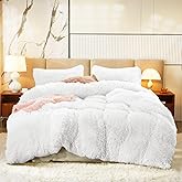 Flysheep Luxury Faux Fur Shaggy Comforter Set King Size, Plush & Sherpa Reversible Comforter White, 3 Pieces Fluffy Fuzzy Bedding Set Ultra Soft and Warm for Winter (1 Comforter + 2 Pillowcases)