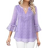 Furnex Womens 3/4 Sleeve Tops Dressy Casual Elegant Blouses V Neck Shirts Floral Double Layered Chiffon Tunic