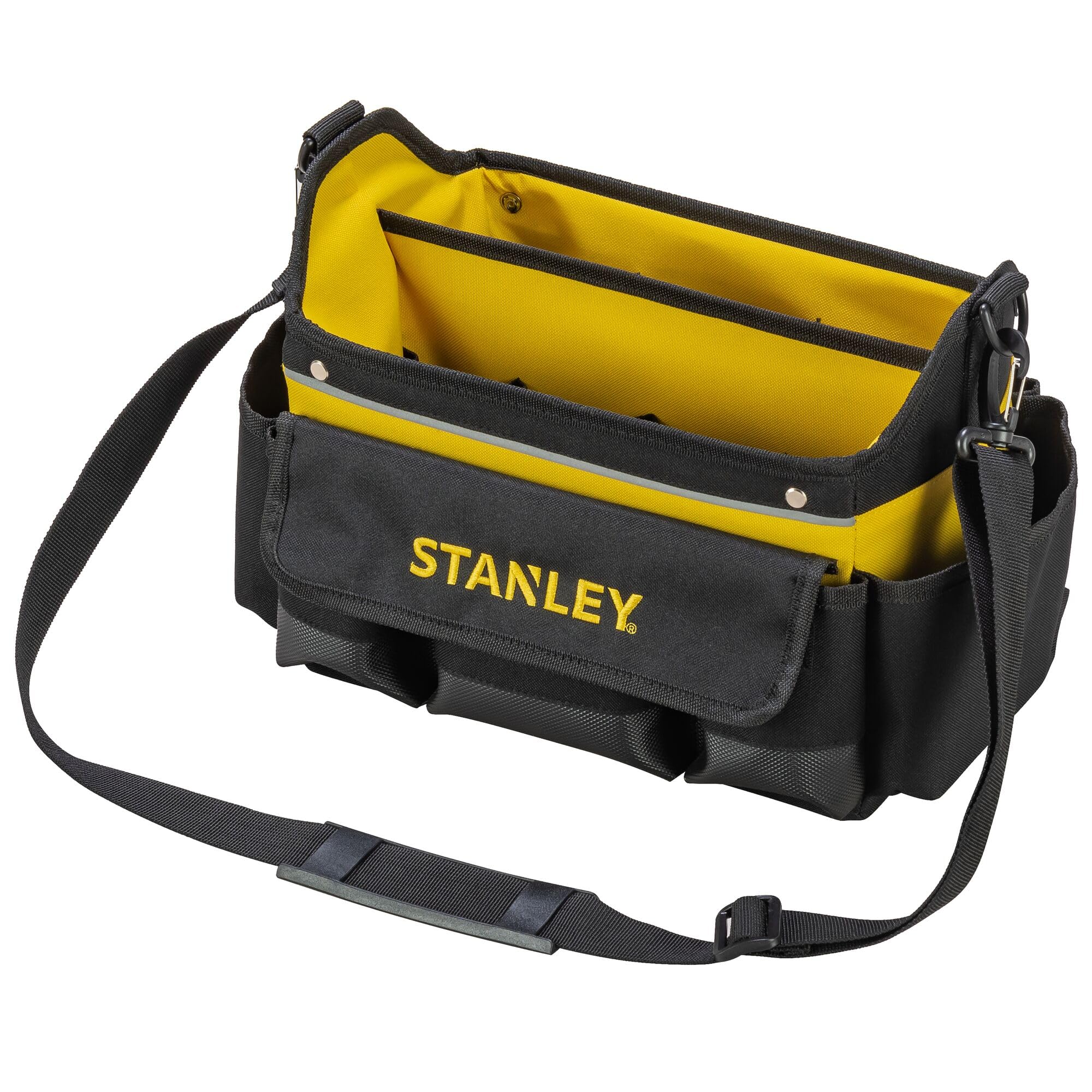 STANLEY 600 Denier Open Mouth Tote Tool Bag, Heavy Duty Steel Handle, Multi-Pockets Storage for Small Parts, 12 inch, STST1-70718