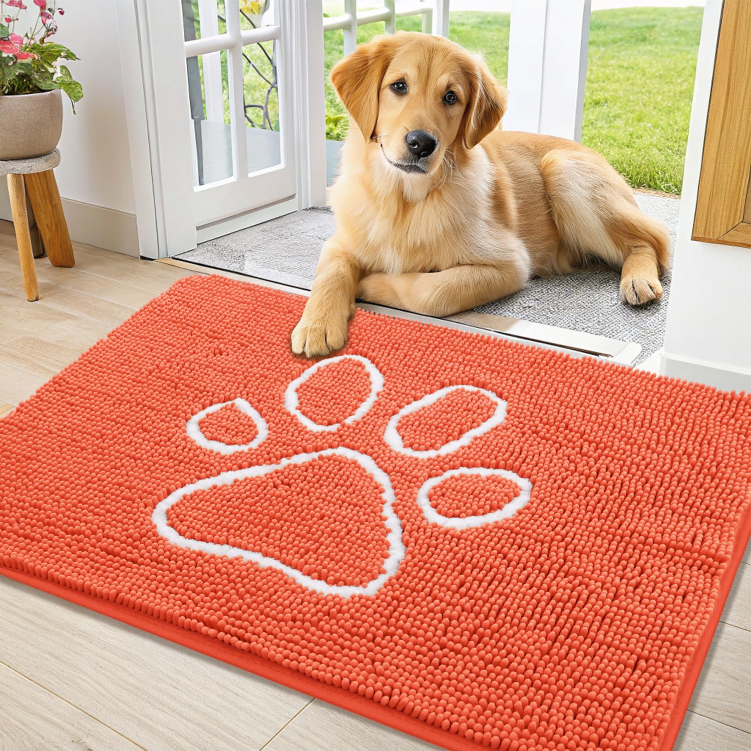 Photo 1 of Smiry Dog Door Mat for Muddy Paws, Absorbent Dirt Trapper Non Slip Quick Dry Washable Chenille Mat for Mud Dogs, Entry Rug for Indoor and Outdoor (36x24 Inches, Coral)