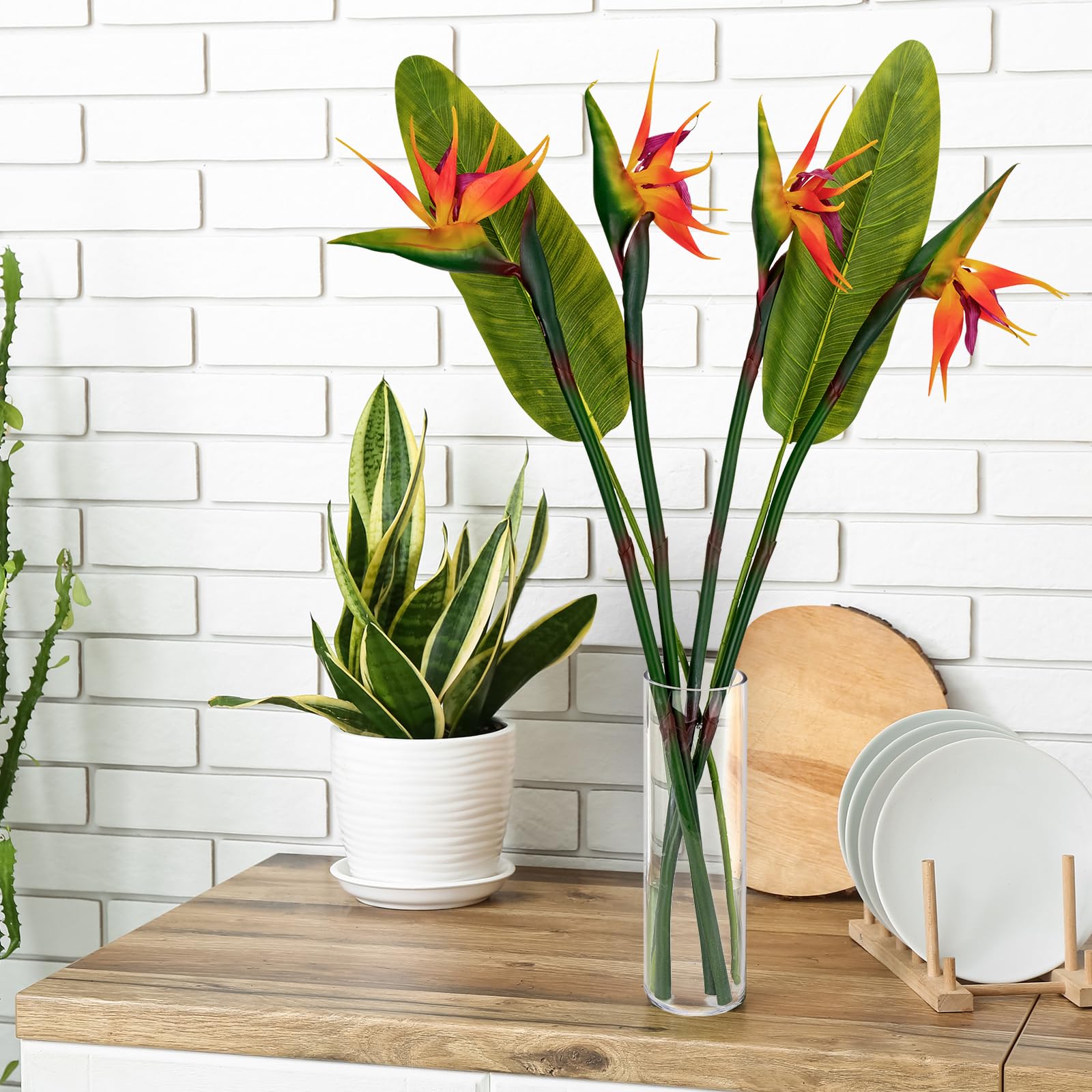 Photo 1 of Artificial Bird of Paradise Flowers Real Touch 31.5'in Long Stem Flower 4 Pcs, with Bird of Paradise Leaves 33.5'in Long Stem Greenery Plants 2 Pcs,for Home Garden Wedding Party Decor (Orange 6 Stems)