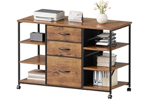 YeTom Mobile File Cabinet,Lateral Filing Cabinet with 3 Fabric Drawers,Rolling Printer Stand with 4 Open Storage Shelf,Rustic