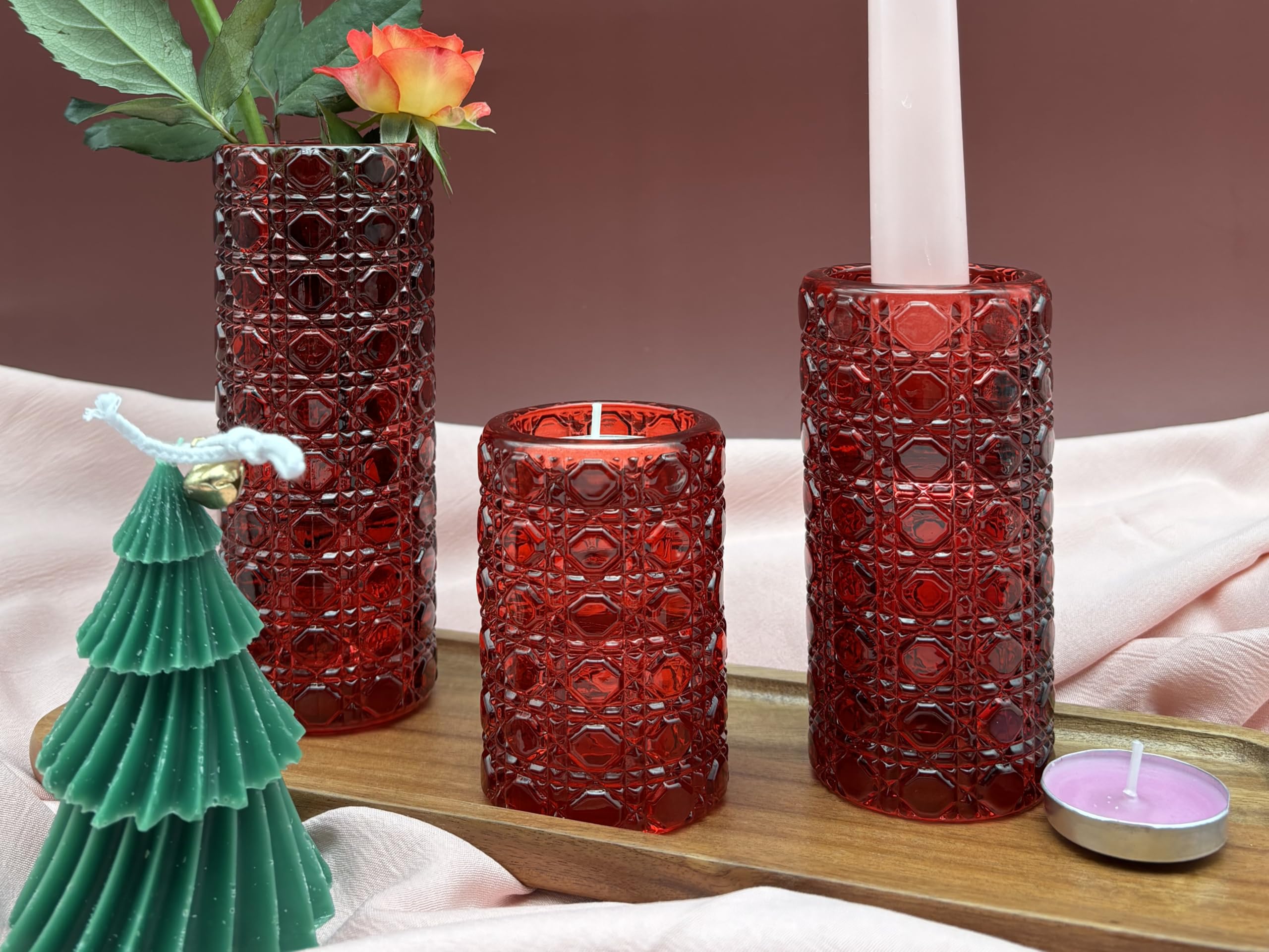 Red Glass Candle Holders Set, 6 Pack Clear Candlestick Holders 3 in 1 Crystal Candleholder Pillar Candle Stands, Tealight & Votive Candle Holder Home Decor Table Centerpieces Christmas Wedding