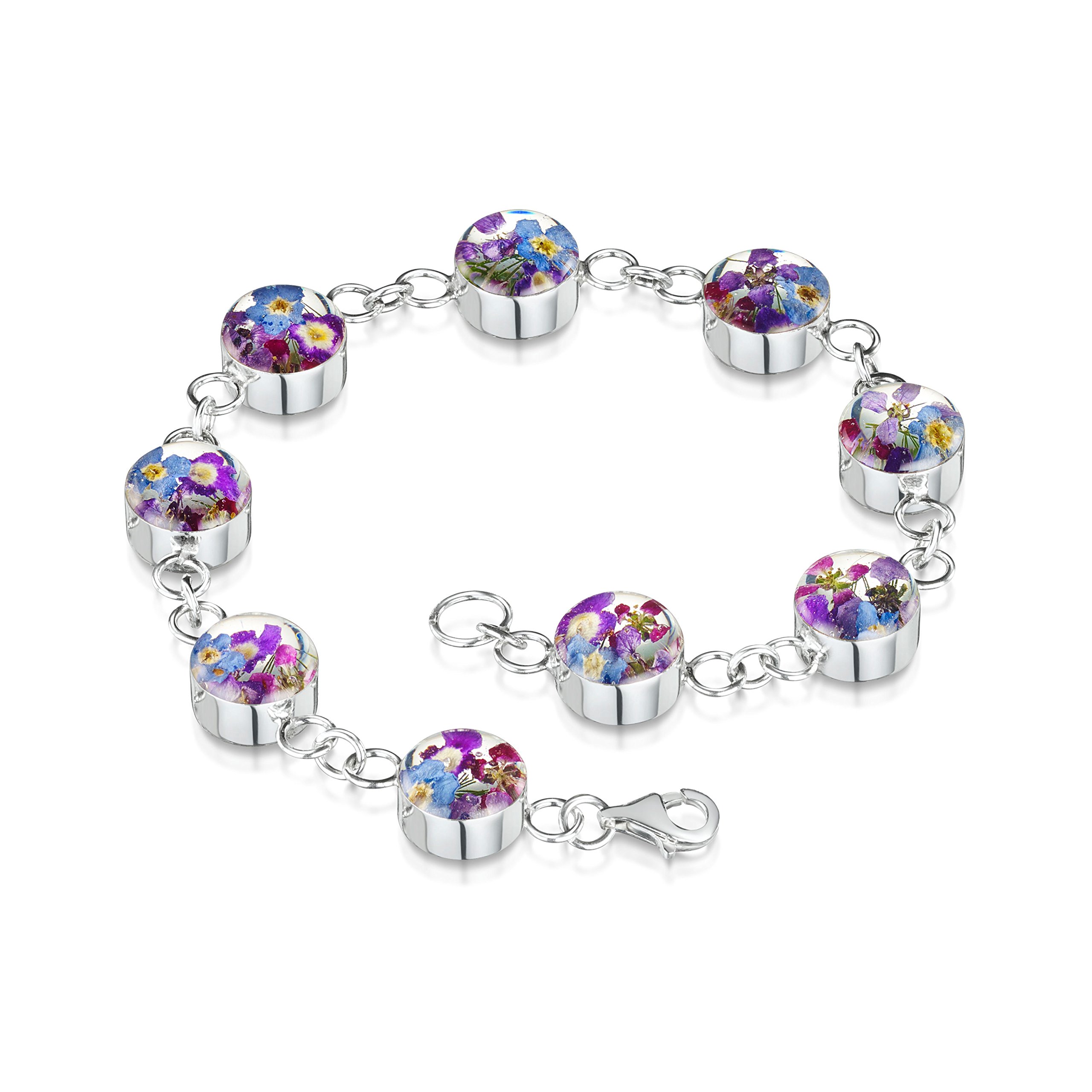 Shrieking Violet 925 Sterling Silver Round Real Flower Link Bracelet - Assorted Flowers (Purple Haze)
