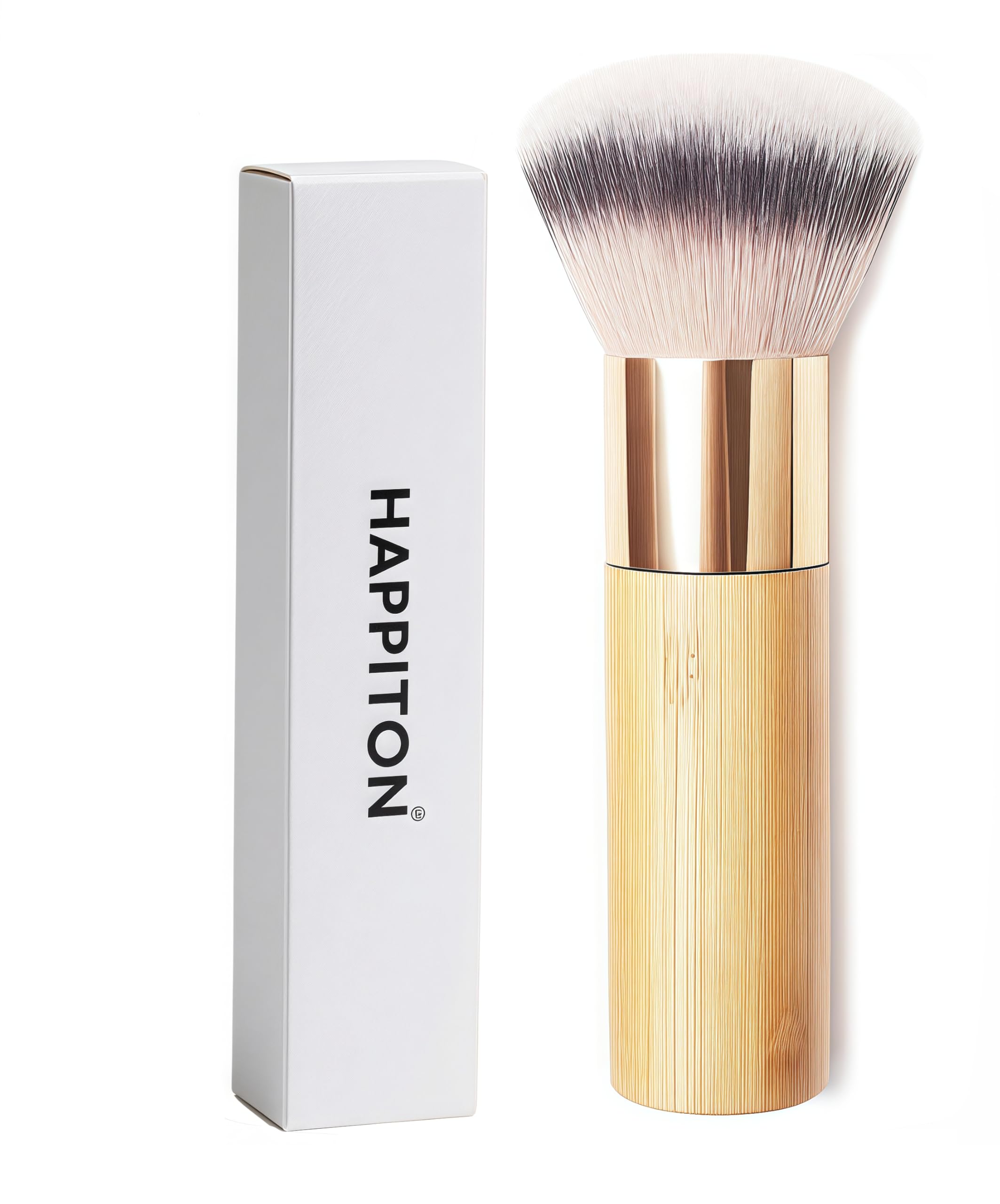 HAPPITON Large Face Makeup Brush with Wooden Handle – Multi-Use for Liquid, Cream & Powder – Buffing, Stippling & Concealer for Flawless Full Coverage & Seamless Blend
