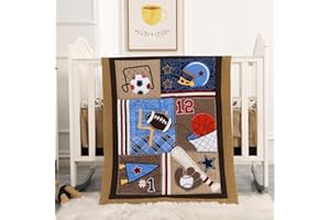 Wowelife Sports Crib Bedding Set for Boys, Premium 3-Piece Baby Bedding Set Brown Football Basketball Rugby Crib Bed Set Baseball Soft with Crib Comforter, Skirt and Sheet, Brown