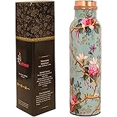 INDTRESOR Pure Copper Water Bottle - Handcrafted - Ayurveda health benefits - Large 35 oz - Leak proof - Easy to carry for Sports, Fitness, Yoga, School - Sky Blue Base Floral Vines Colorful Enamel