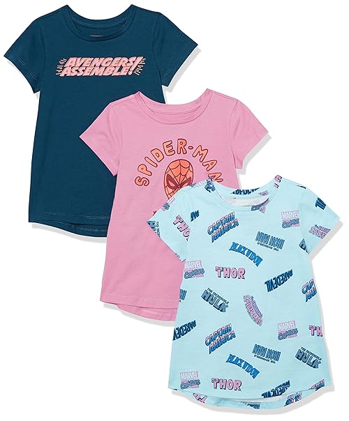 Amazon Essentials Disney | Marvel | Star Wars | Princess Girls' Short-Sleeve Tunic T-Shirts, Pack of 3, 3-pack Marvel Heroes, Small