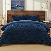 PHF Warm Sherpa Fleece Queen Comforter Set, 3D Tufted Fluffy Navy Blue Bedding for Winter, Soft 3 Pieces Shaggy Bed Set, 1 Comforter (90"x90") and 2 Pillowcases (20"x26")