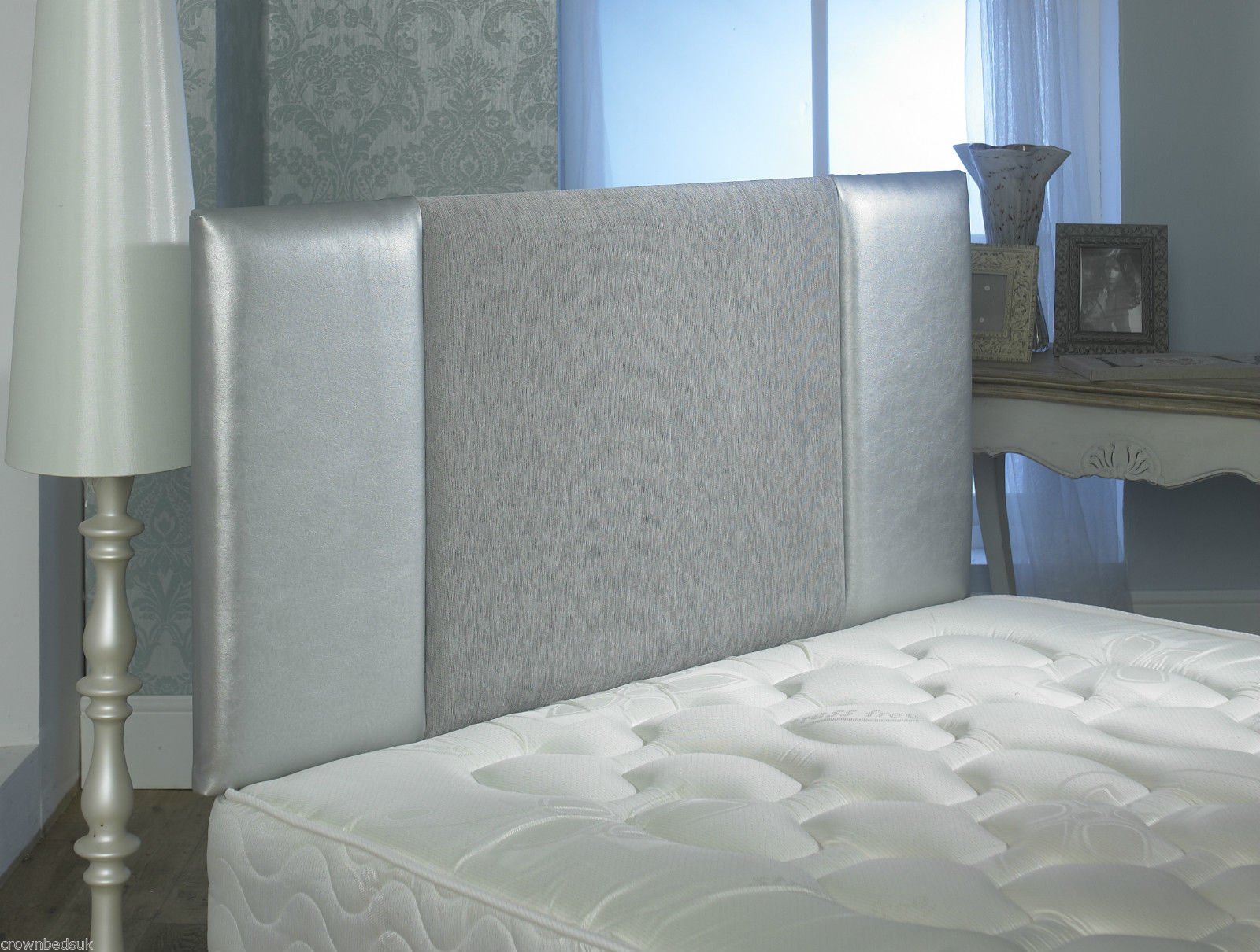 CROWNBEDSUK QUALITY OSLO FAUX LEATHER & CHENILLE HEADBOARD IN 2ft6,3ft,4ft,4ft6,5ft,6ft (2FT6 SMALL SINGLE, Silver)