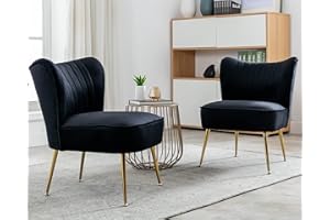 Janoray Velvet Accent Chair Set of 2 Comfy Living Room Chair Armless Slipper Chair Mid Century Side Chair Single Sofa Chair with Golden Legs Wingback for Bedroom Guest Room, Black