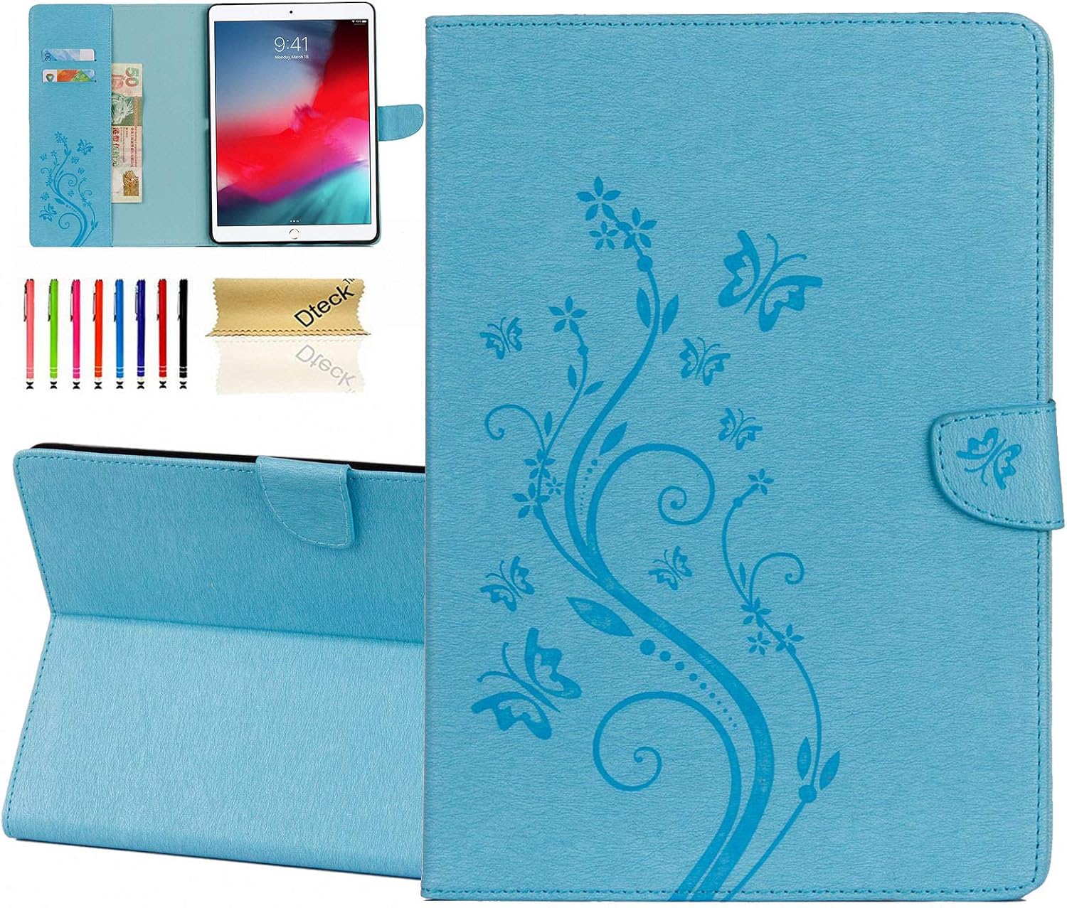 Dteck Case for iPad Air (3rd Generation, 2019, Model A2152/A2123/A2153) & iPad Pro Tablet (2017, Model A1701/A1709, 10.5 Inch), Slim Lightweight Leather Wallet Butterfly Cover with Stylus Pen (Blue)