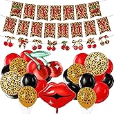 Cheetah Cherry Birthday Decorations Leopard Happy Birthday Banner with Red and Black Cheetah Print Balloons Cherry Red Lip Foil Balloons Perfectly Suited for Bachelorette Party Decorations