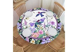 KUOAICY Hummingbird Flower Round Tablecloth Elastic Fitted Table Cover Washable Reusable Elastic Edge Tablecloths for Kitchen Dining Party Fitted Table 45-50 inch