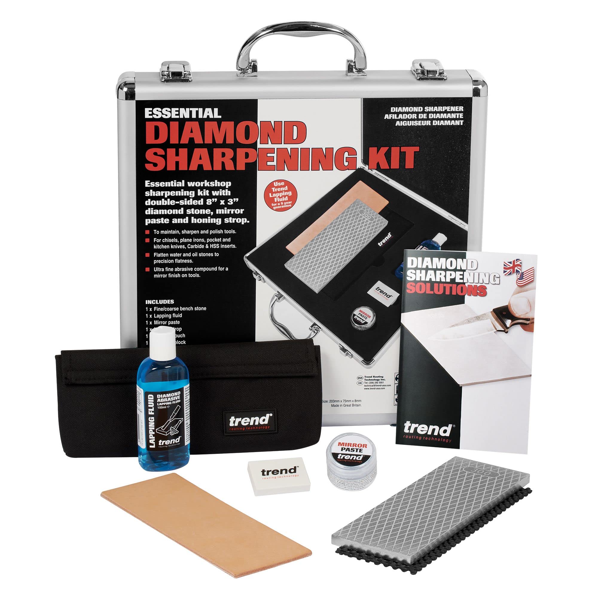 Trend Essential Diamond Sharpening Kit with 300/1000 Grit Bench Stone, Lapping Fluid, Leather Strop, Honing Paste, Cleaning Block & Sharpening Solutions Guide, DWS/KIT/H
