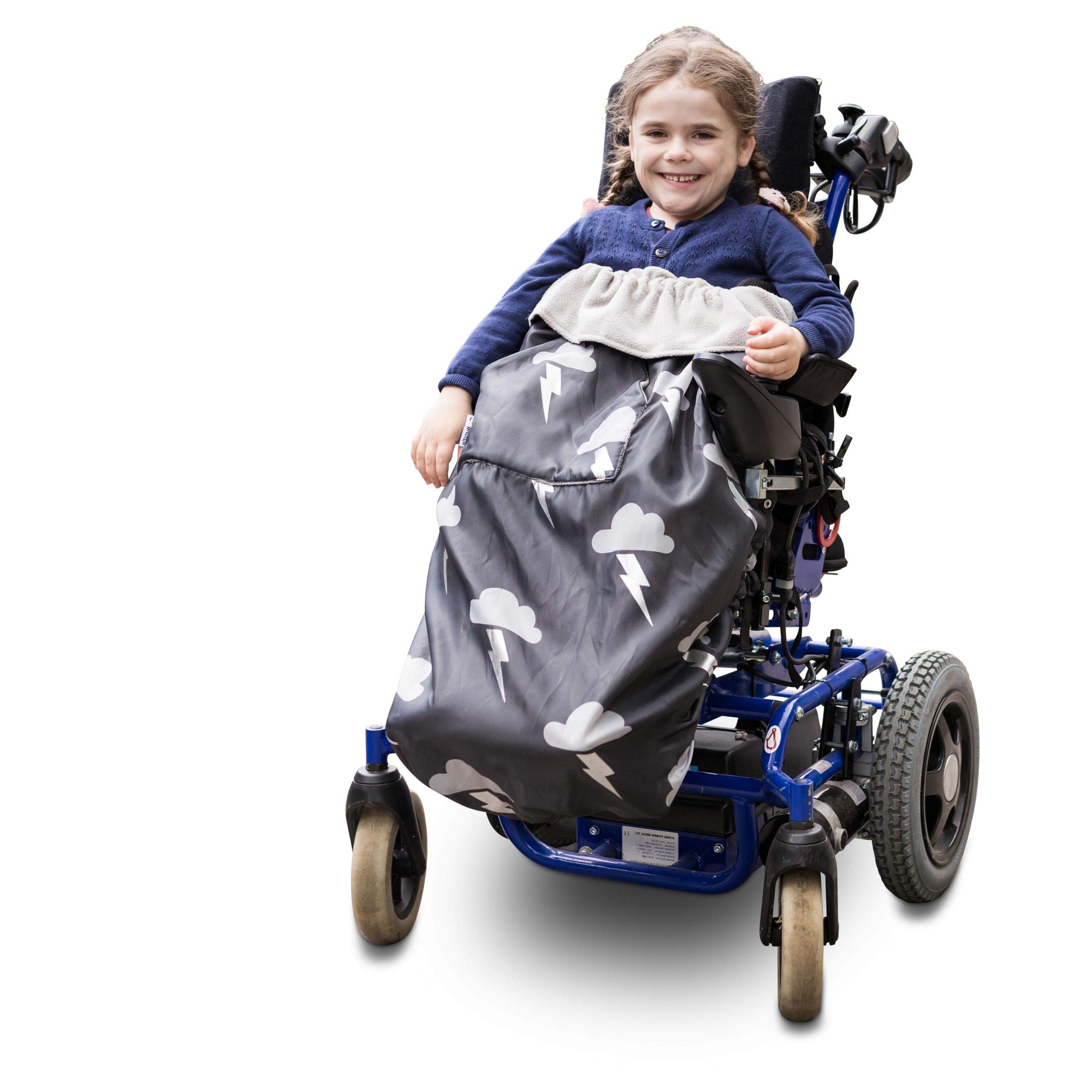 Bundlebean - 100% Waterproof Fleece Lined Wheelchair Cover - Kids Wheelchair Cosy - Universal Fit for Wheelchairs and Special Needs Buggies - Child Size (Silver Lightning)