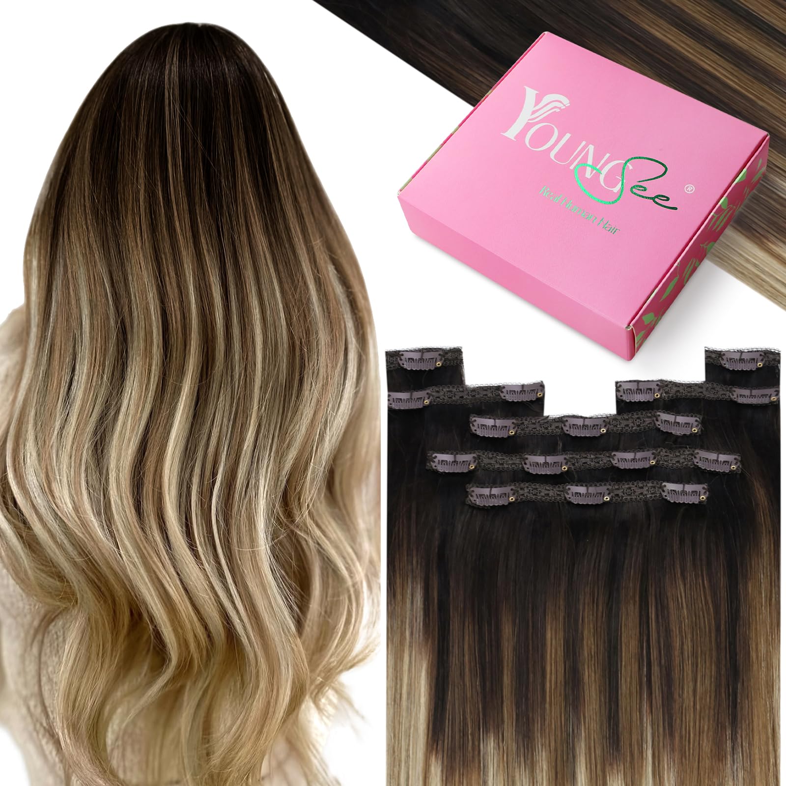 YoungSee Clip in Hair Extensions Real Human Hair Ombre 12inch 80g 7pcs Real Human Hair Clip in Extensions Dark Brown Roots Blending into Medium Brown with Warm Blonde Clip Extensions for Women Short — image 1