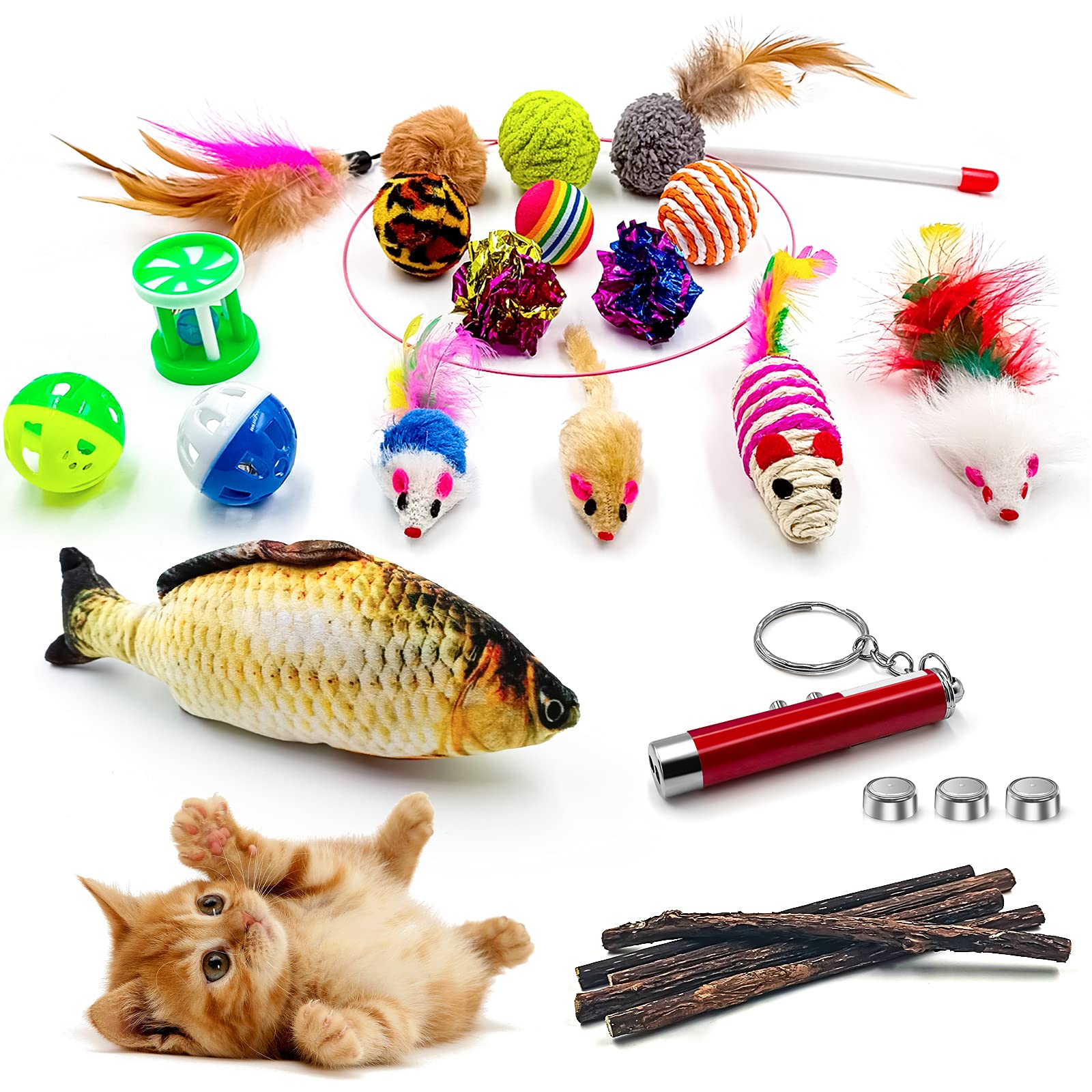 GaiusiKaisa Cat Toys - 23Pcs Interactive Toys for Indoor Cat & Kitten with Feather Wand, Catnip Fish, Matatabi Sticks, Crinkle Balls & Bells