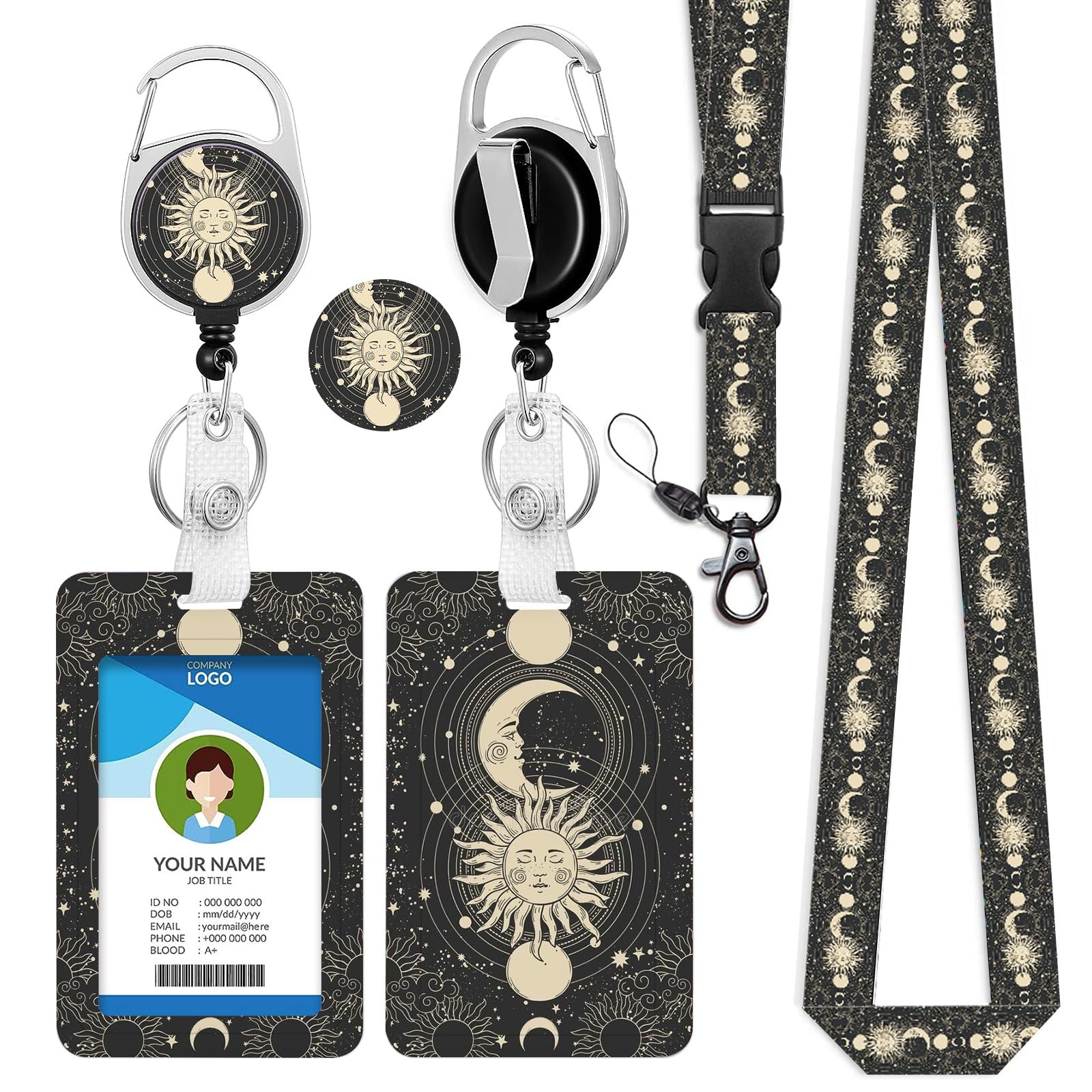 bolimoss Sun and Moon Lanyard with Card Holder for Neck Cute ID Badge Lanyards Retractable Clip for Teacher Women Men Key Card Holder Reel