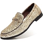 COSIDRAM Men's Glitter Dress Shoes Metallic Sequins Tuxedo Luxury Gold Buckle Loafers Slip-on Wedding Party Shoes