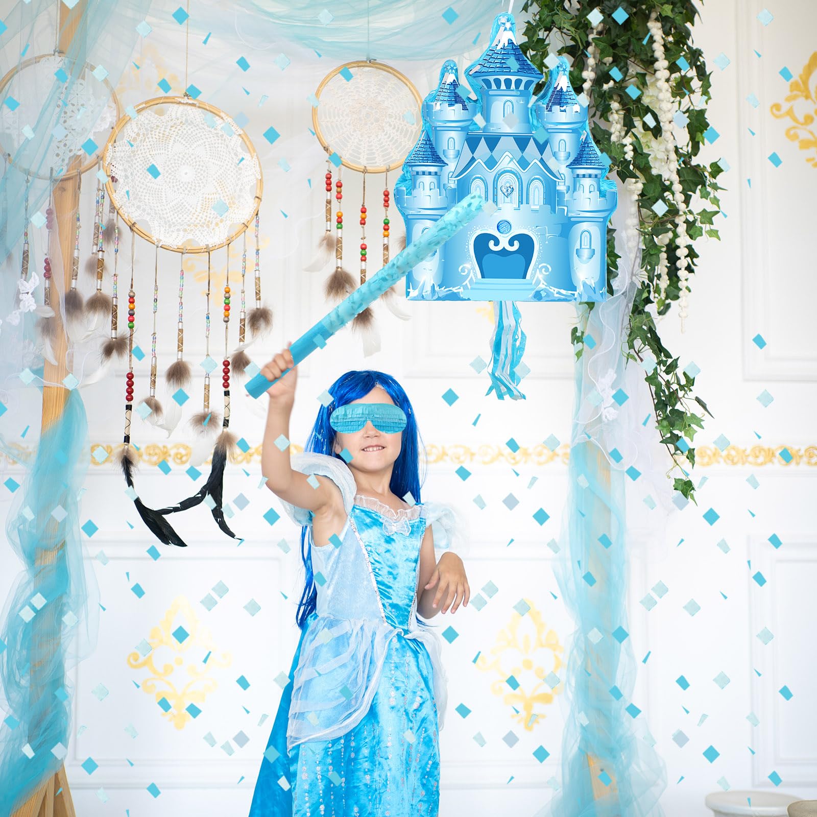 Winter Piñata Christmas Wonderland Themed Piñata with Blindfold Bat for Christmas Princess Winter Theme Birthday Party Supplies Decorations(Blue,Castle)
