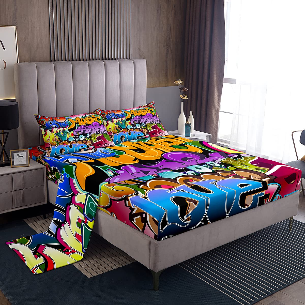 Loussiesd Graffiti Style Fitted Sheet Kids Hip Hop Bedding Sheets for Boys Girls Children Lovely Youth Illustration Bed Sheet Set Street Culture Bed Cover Bedroom 4Pcs Bedding King