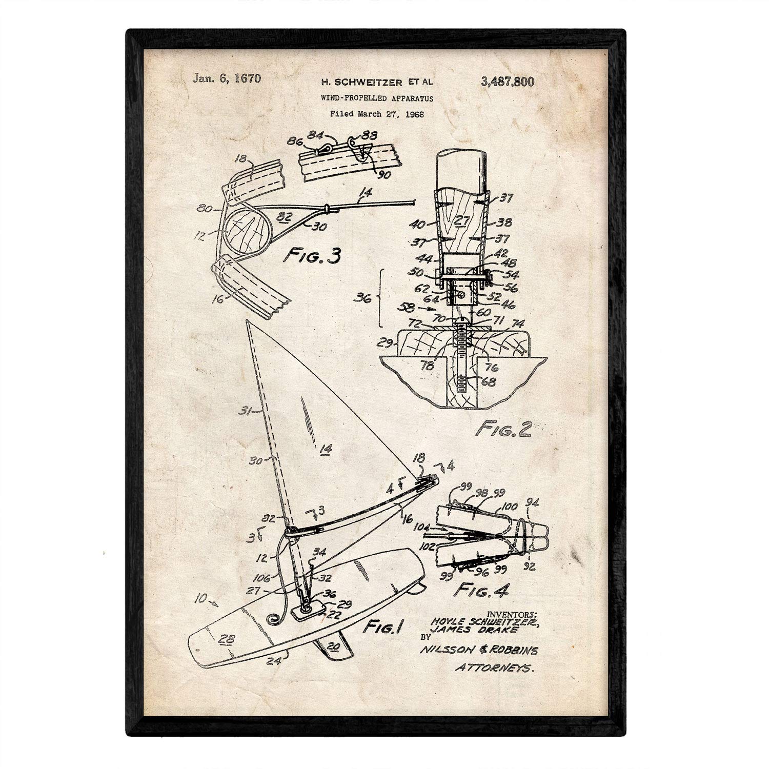 Nacnic Poster with Patent windsurf board. Sheet with old design patent in A3 size and vintage background