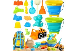 DISHIO Collapsible Beach Sand Toys for Kids Sandbox Beach Toys with Mesh Bag, Collapsible Buckets, Truck, Sand Castle Molds, Shovels, Sieve, Dinosaur Travel Beach Toys Kit for Kids Toddlers Outdoor