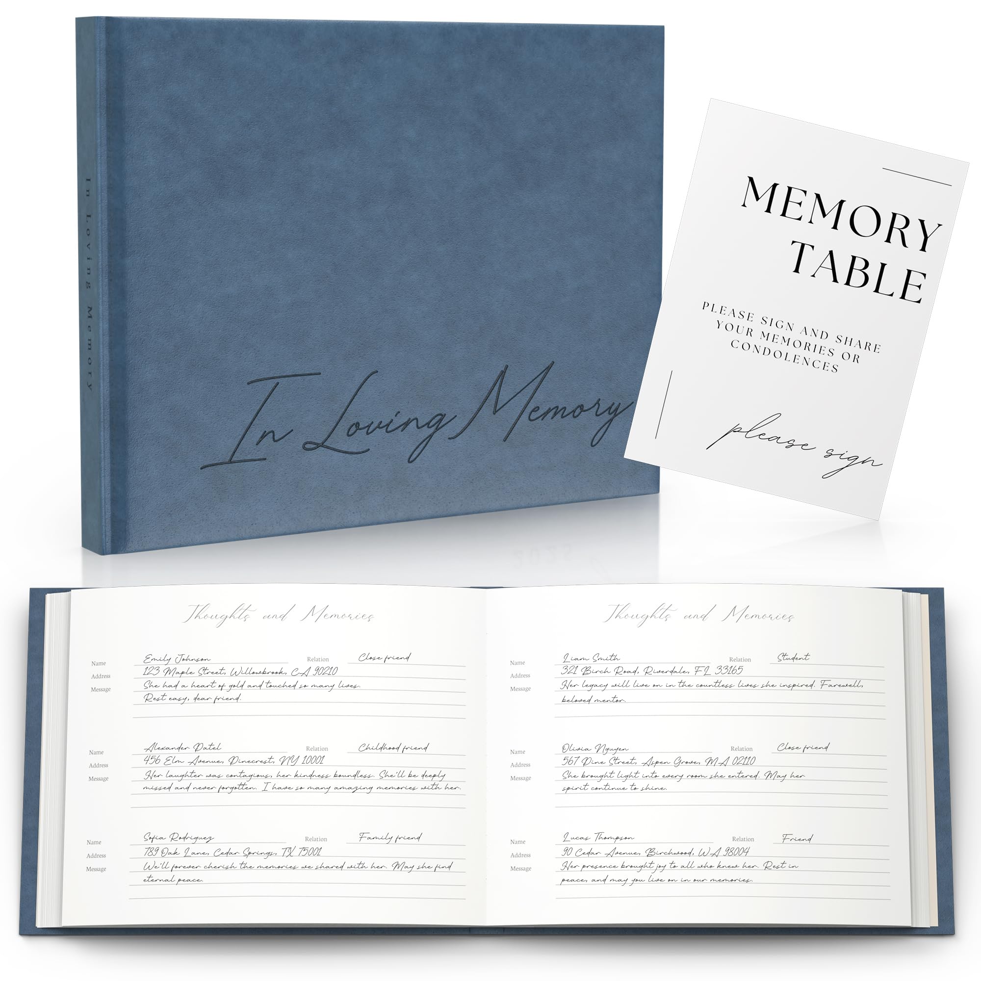Funeral Guest Book for Celebration Of Life Memorial Service - Leather Memory Book for Funeral Guests to Sign In with Condolence Memory Table Sign & Back Pocket - Blue Guestbook