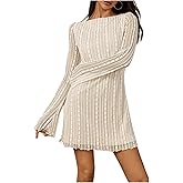 SOLY HUX Women's Lace Mini Dress Boat Neck Long Sleeve Lettuce Trim Bodycon Dresses