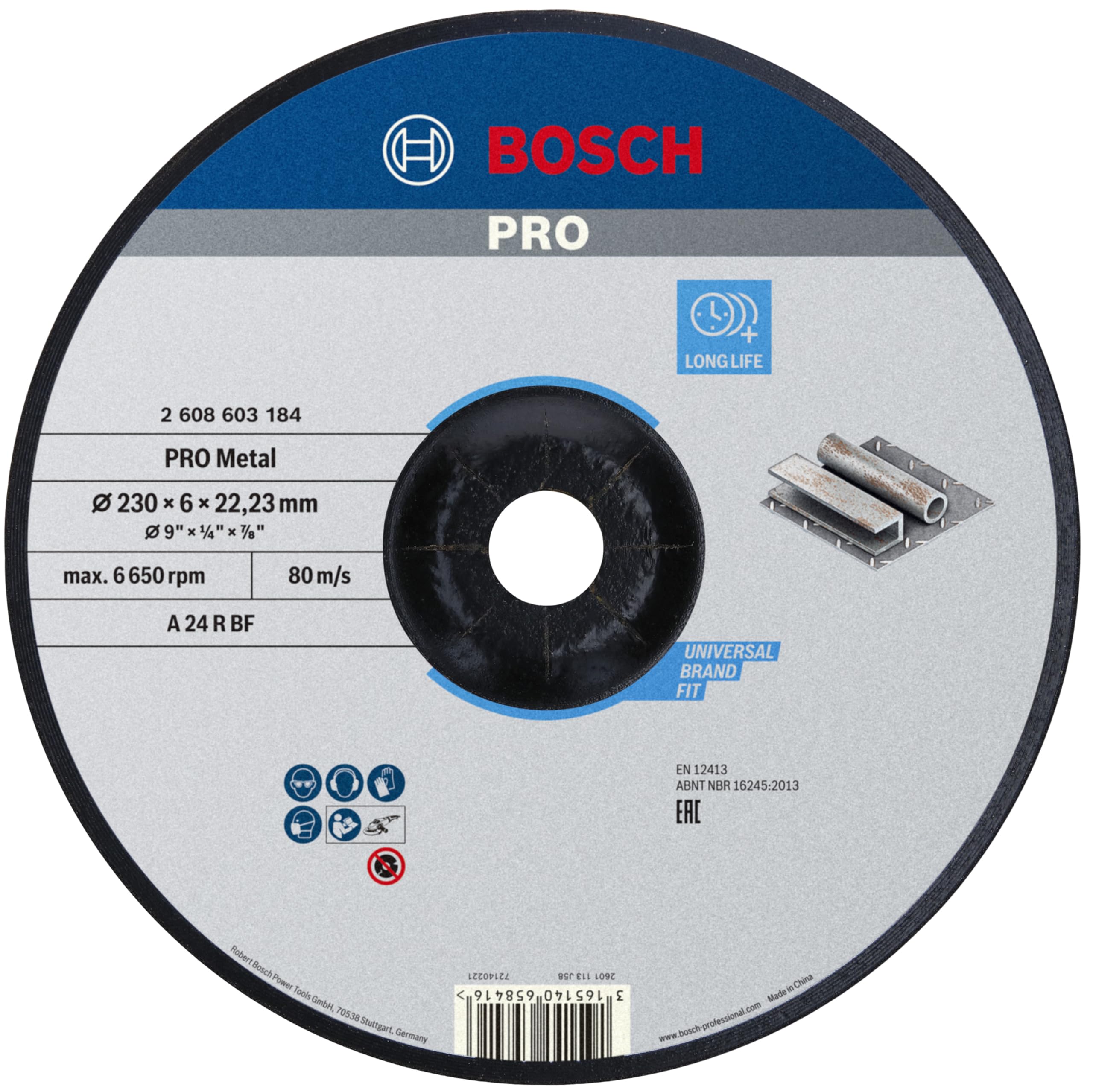 Bosch 1x PRO Metal Longlife Grinding Disc for Large Angle Grinder and Bore 22.23 mm (for Steel, Ø 230 mm, Professional Accessory Large Angle Grinder)