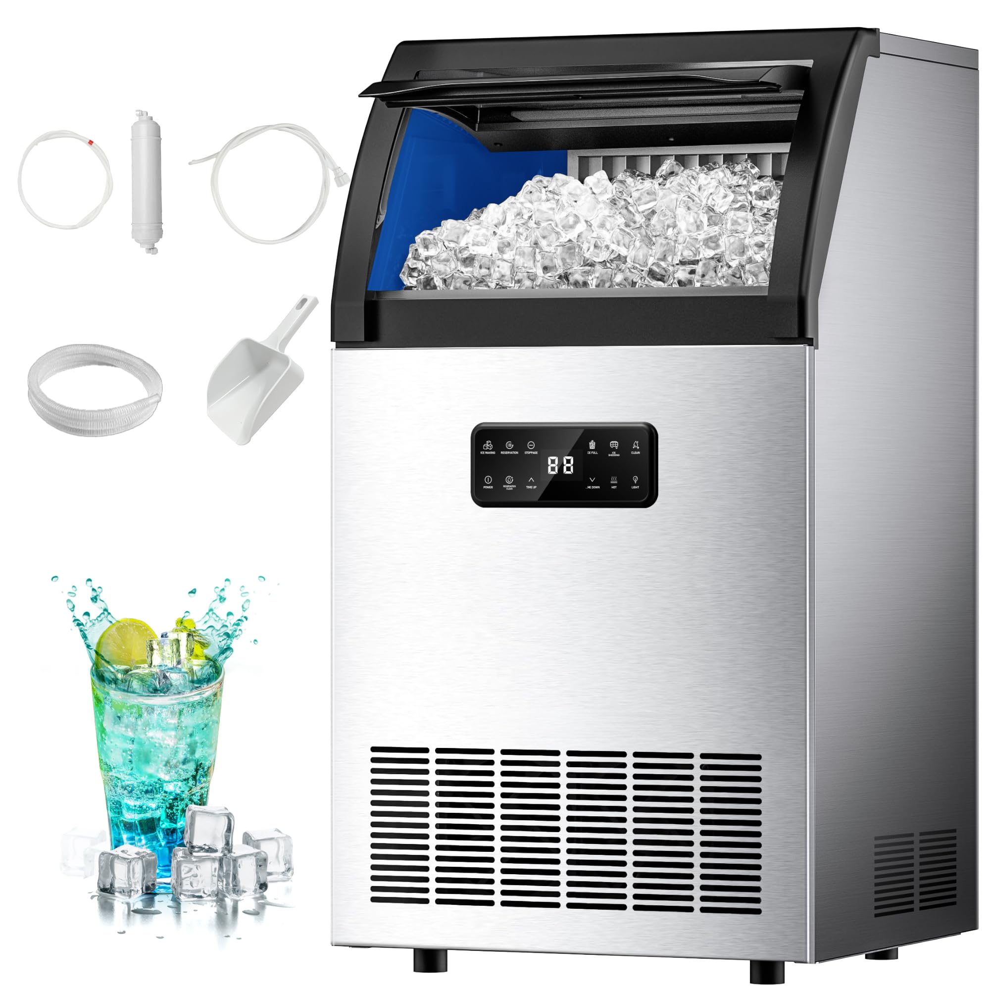 Photo 1 of  Commercial Ice Maker,100lbs/24H,Stainless Steel Under Counter Ice Machine with Water Filter,33lbs Storage Bin, 45 Cubes in 8-12 Mins, Freestanding Ice Cube Maker for Home/Bar/Cafe/Restaurant