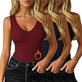 Yearntown 3 Pack Women's Thermal Tank Tops Fleece Sleeveless Undershirts Cotton V Neck Ribbed Camisole Vest Underwear Winter