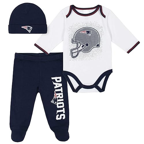 Gerber NFL New England Patriots 3 Pack Bodysuit Footed Pant and Cap Registry Gift Set, Blue/White New England Patriots, 0-3M
