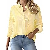 Am Direct Womens Button Down Shirts Striped Classic Collared Office Work Blouses Tops with Pocket